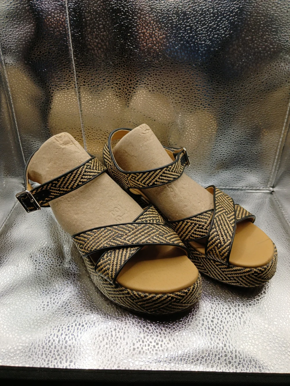 Woven Crisscross Platform Sandals in Black and Tan - Women's Summer Wedges
